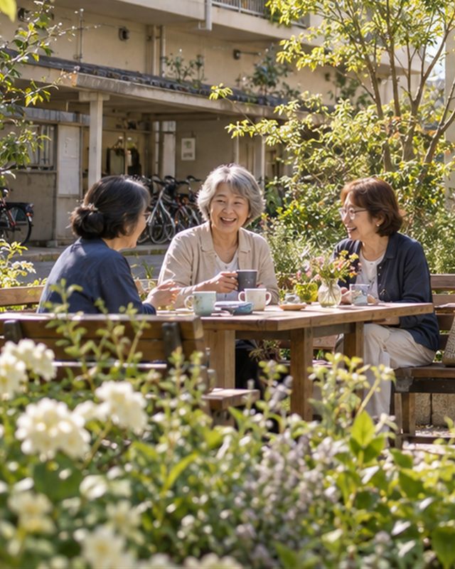 中庭のテーブルで、同世代の女性3人がお茶を飲みながら笑っている