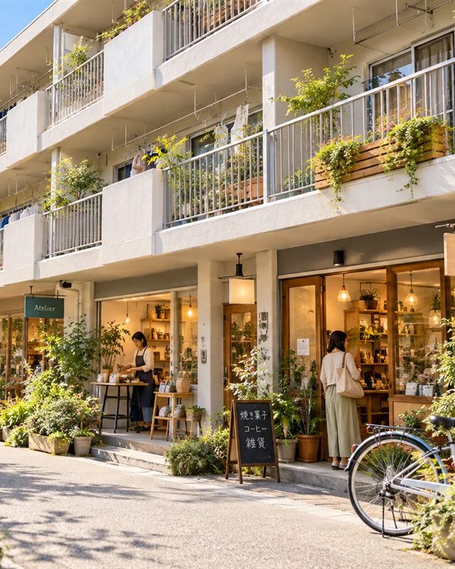 上の階は植物や洗濯物のあるふつうの住まい、1階にはアトリエや焼き菓子・雑貨のお店が並ぶ、リノベーションされた団地