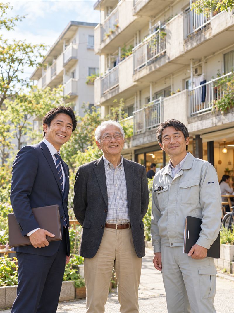 1階にカフェが入った団地の前で、物件オーナーの男性と、不動産会社・工務店の担当者が笑顔で並んでいる