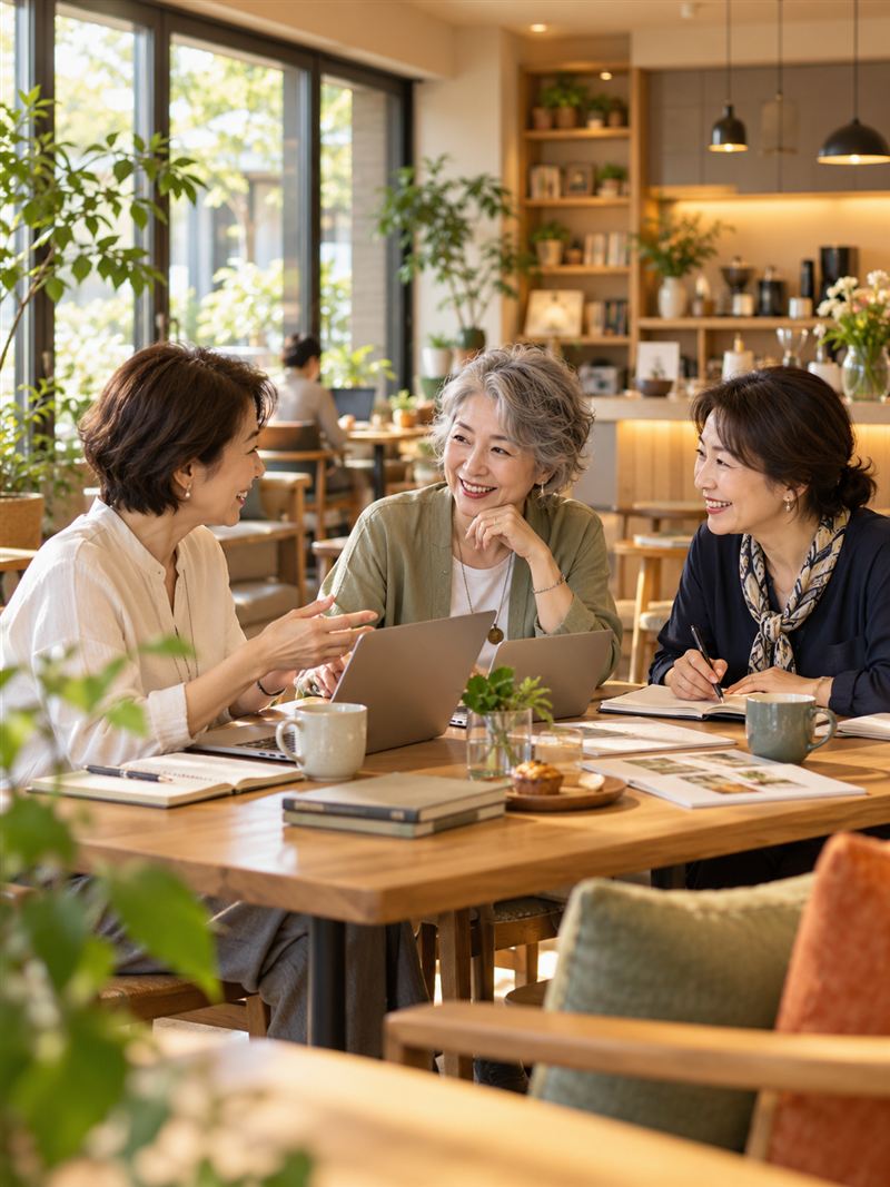 カフェのテーブルで、同世代の女性3人がノートやパソコンを広げ、笑顔で話し合っている
